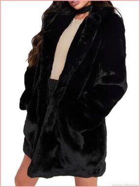 Women Faux Fur Fleece Long Sleeve Snap Lapel Coat